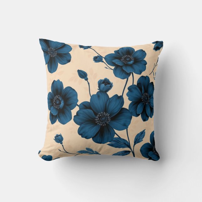 Victorian Blue Flowers on Beige Background Pillow Kussen (Voorkant)
