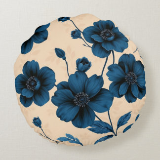 Victorian Blue Flowers on Beige Background Pillow Rond Kussen
