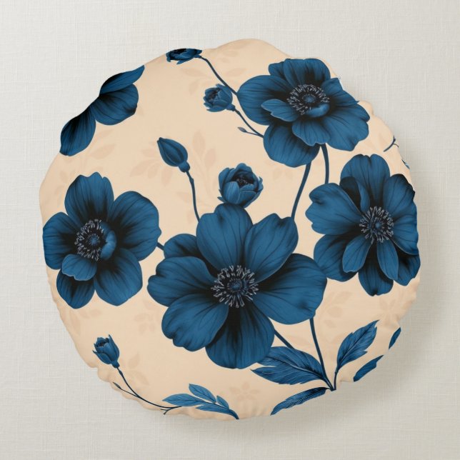 Victorian Blue Flowers on Beige Background Pillow Rond Kussen (Achterkant)