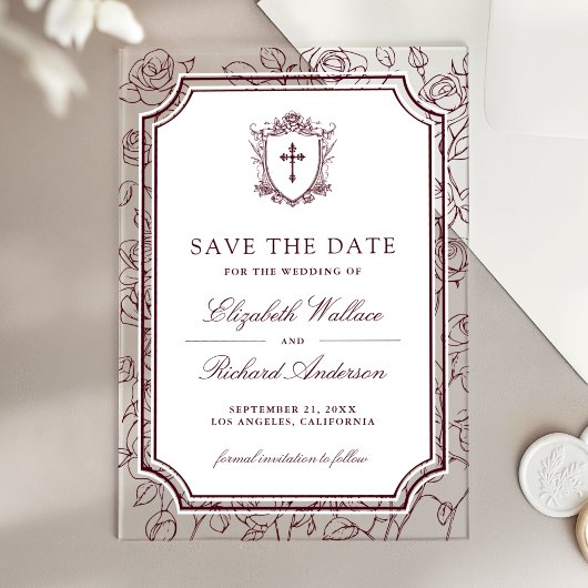 Victorian Burgundy Catholic Wedding Save the Date Acryl Uitnodigingen