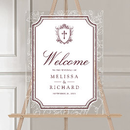 Victorian Burgundy Catholic Wedding Welcome Acryl Bord