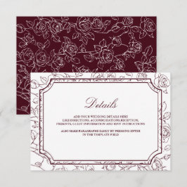 Victorian Burgundy Floral Line Art Wedding Details Informatiekaartje