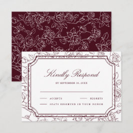 Victorian Burgundy Floral Line Art Wedding RSVP Kaartje