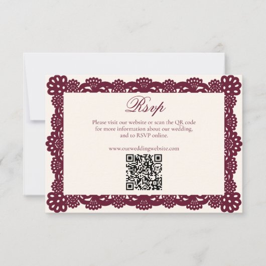 Victorian Burgundy Ivory Lace Wedding Website QR RSVP Kaartje (Voorkant)