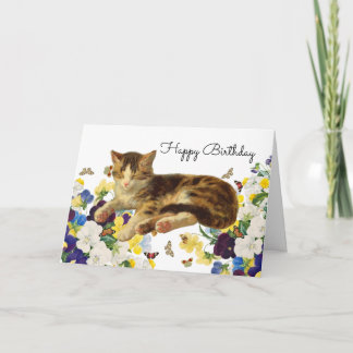 Victorian Cat Nap Floral Butterfly Happy Birthday Bedankkaart