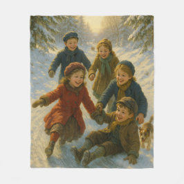 Victorian Christmas Blanket – Kids Playing in Snow Fleece Deken