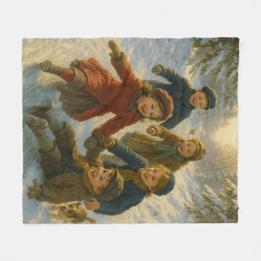 Victorian Christmas Blanket – Kids Playing in Snow Fleece Deken (Voorkant (Horizontaal))