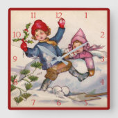 Victorian Christmas Kids in Snow Clock Vierkante Klok (Voorkant)