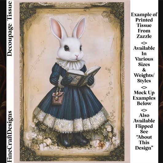 Victorian Dressed Rabbit With Book ER7R Decoupage Tissuepapier