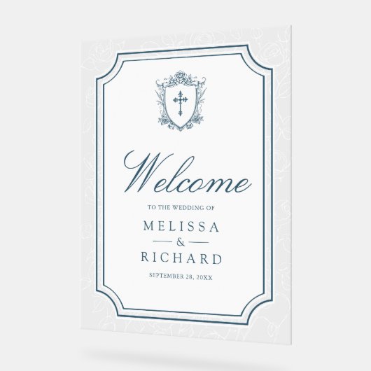 Victorian Dusty Blue Catholic Wedding Welcome Acryl Bord (Hoek)
