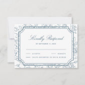Victorian Dusty Blue Floral Line Art Wedding RSVP Kaartje (Voorkant)