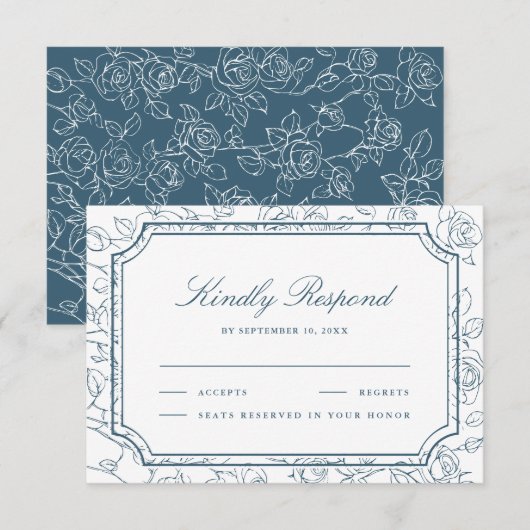 Victorian Dusty Blue Floral Line Art Wedding RSVP Kaartje (Voorkant / Achterkant)