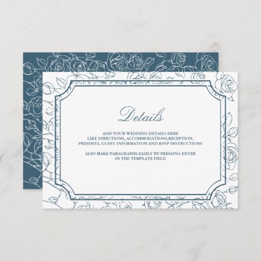 Victorian Dusty Blue Line Art Wedding Details Informatiekaartje (Voorkant / Achterkant)