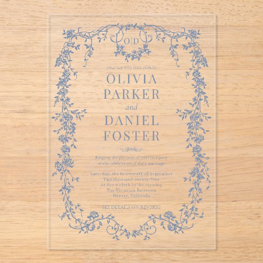 Victorian Dusty Blue Wedding Monogram Acryl Uitnodigingen (Voorkant)