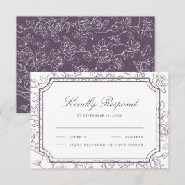 Victorian Dusty Purple Floral Line Art Wedding RSVP Kaartje