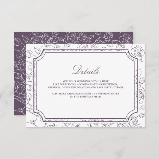 Victorian Dusty Purple Line Art Wedding Details Informatiekaartje (Voorkant / Achterkant)