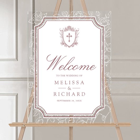 Victorian Dusty Rose Catholic Wedding Welcome Acryl Bord
