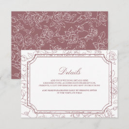 Victorian Dusty Rose Line Art Wedding Details Informatiekaartje