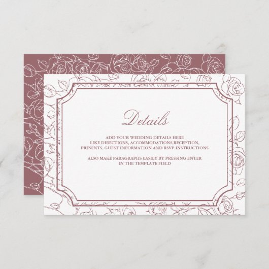 Victorian Dusty Rose Line Art Wedding Details Informatiekaartje (Voorkant / Achterkant)