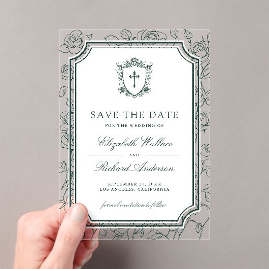Victorian Emerald Catholic Wedding Save the Date Acryl Uitnodigingen (Insitu (Draagbaar))