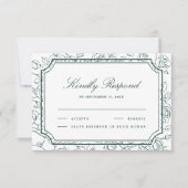 Victorian Emerald Green Floral Line Art Wedding RSVP Kaartje (Voorkant)