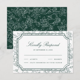 Victorian Emerald Green Floral Line Art Wedding RSVP Kaartje