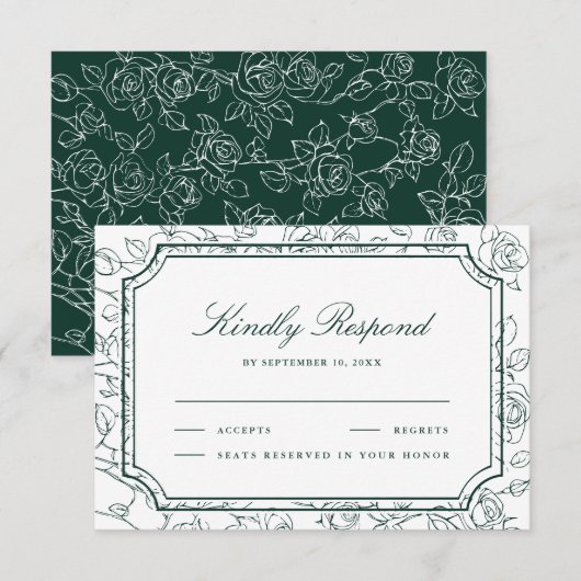 Victorian Emerald Green Floral Line Art Wedding RSVP Kaartje (Voorkant / Achterkant)