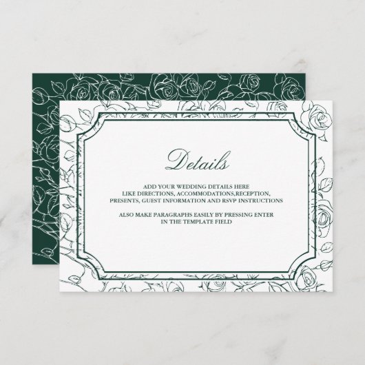 Victorian Emerald Green Line Art Wedding Details Informatiekaartje (Voorkant / Achterkant)