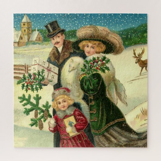 Victorian family in the snow Christmas scene Legpuzzel (Verticaal)