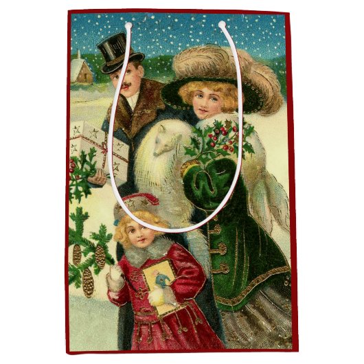 Victorian family in the snow Christmas scene Medium Cadeauzakje (Voorkant)