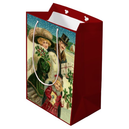 Victorian family in the snow Christmas scene Medium Cadeauzakje (Achterkant Gekanteld)