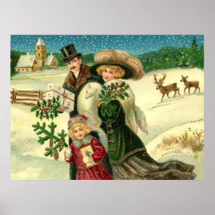 Victorian family in the snow Christmas scene Poster