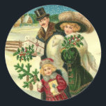 Victorian family in the snow Christmas scene Ronde Sticker<br><div class="desc">Vintage illustration of a Victorian family with Christmas gifts and present,  walking in a winter wonderland covered with snow.</div>