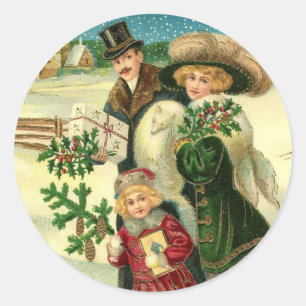 Victorian family in the snow Christmas scene Ronde Sticker