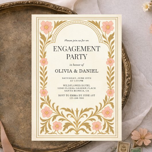 Victorian Floral Art Nouveau Engagement Party Kaart