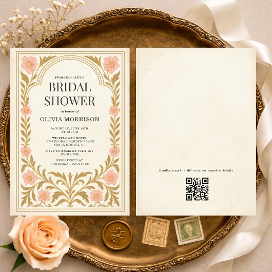 Victorian Floral Art Nouveau QR Code Bridal Shower Kaart