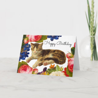 Victorian Floral Butterfly Cat Nap Happy Birthday Bedankkaart