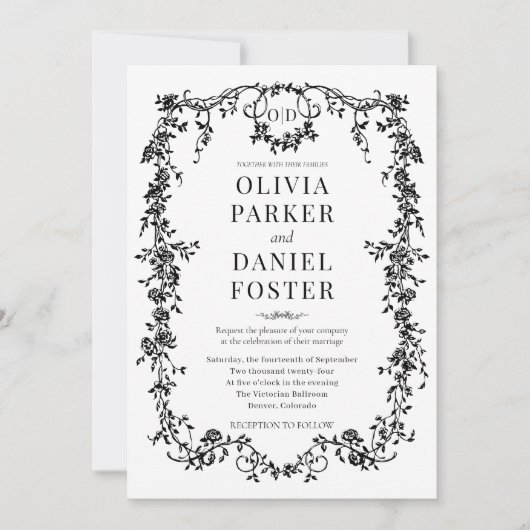 Victorian French Black Ornate Wedding Monogram Kaart (Voorkant)