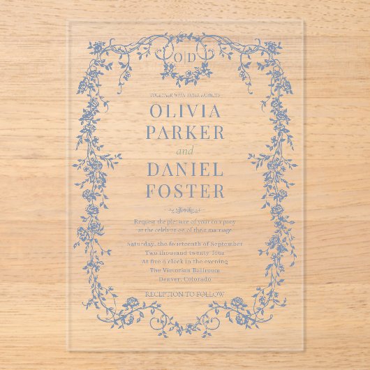 Victorian French Dusty Blue Wedding Monogram Acryl Uitnodigingen (Voorkant)