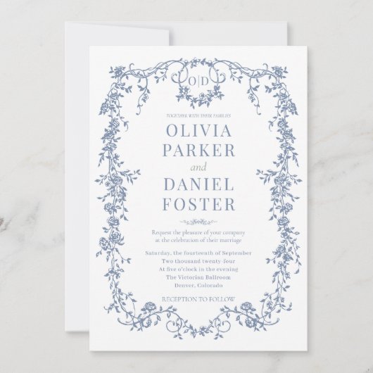 Victorian French Dusty Blue Wedding Monogram Kaart (Voorkant)