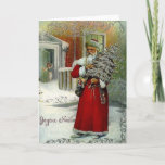 Victorian French Joyeux Noel Christmas Card Feestdagen Kaart<br><div class="desc">Vintage / Victorian French Christmas greeting card.  Beautiful French Santa Claus,  Kerstman,  delivering Christmas presents as a child peeks from her front door!  Gelukkig Kerstfeest!

Noot:  This is a replica of a vintage card.  The glitter is only an image and not actual glitter.</div>