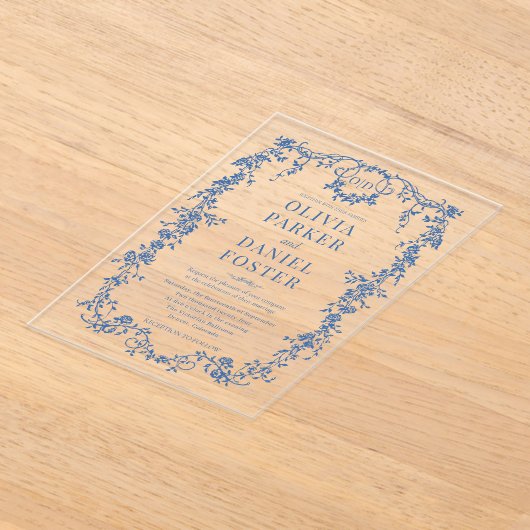 Victorian French Royal Blue Wedding Monogram Acryl Uitnodigingen (Laagn)