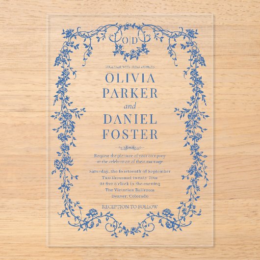 Victorian French Royal Blue Wedding Monogram Acryl Uitnodigingen (Voorkant)