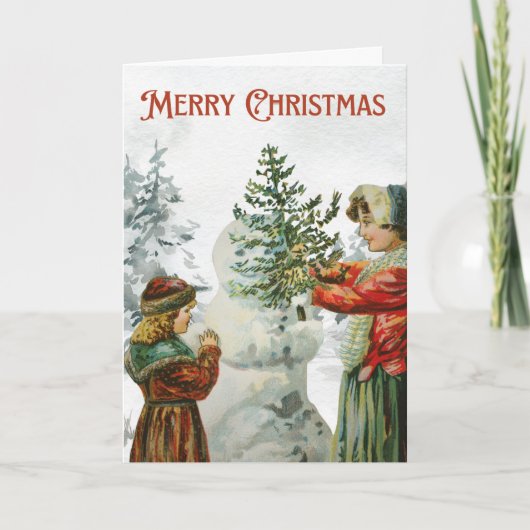 Victorian Girls Building a Snowman Kaart (Voorkant)