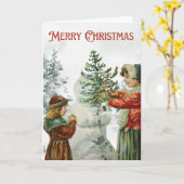 Victorian Girls Building a Snowman Kaart (Gele Bloem)