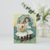 Victorian Girls Easter Chick Forget Me Not Umbrell Feestdagenkaart (Staand voorkant)