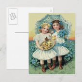 Victorian Girls Easter Chick Forget Me Not Umbrell Feestdagenkaart (Voorkant / Achterkant)