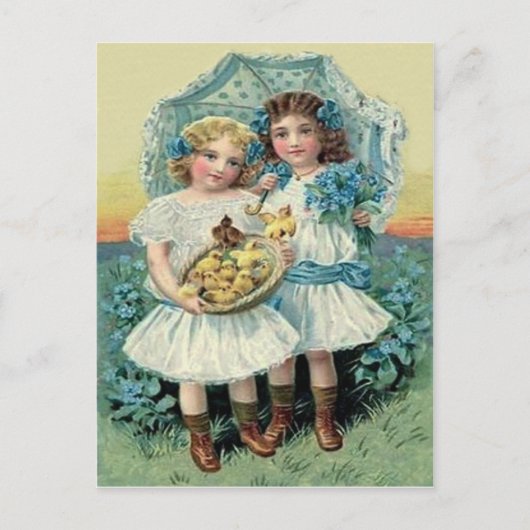 Victorian Girls Easter Chick Forget Me Not Umbrell Feestdagenkaart (Voorkant)