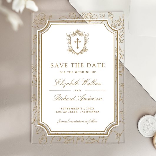 Victorian Gold Catholic Wedding Save the Date Acryl Uitnodigingen