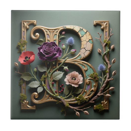 Victorian Gold Teal Letter B Monogram Tegeltje (Voorkant)